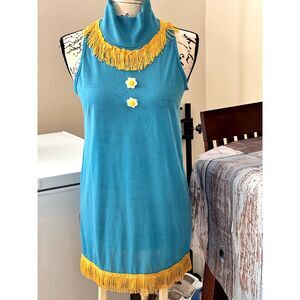VINTAGE Turquoise Mod Mini Dress GoGo Fringe Daisy Cute Size S 1960's 70's